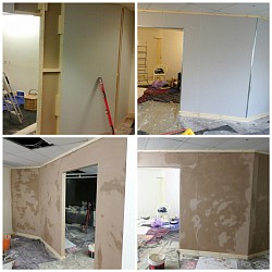 Build angled partitition to divide photographic studio, skirt board skim