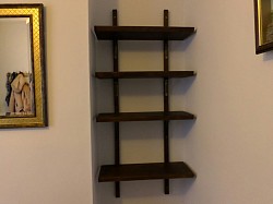Mahogany shelving unit made from old staircase treads, sanded and danish oiled, its satisfying to recycle